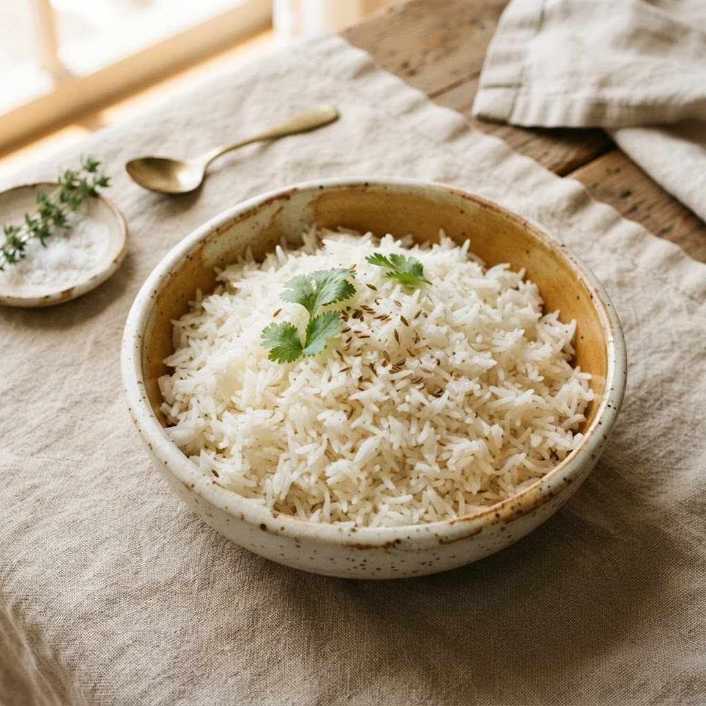 Bowl of cooked fluffy basmati rice